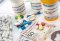 Medicines next to banknotes of Venezuela, shady deal of medication in full crisis of country of Latin America