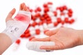 Medicines pill and hands with bandage