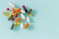 medicines, pills of all kinds. Place for text Royalty Free Stock Photo