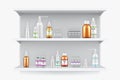 Medicines on shelf at pharmacy realistic vector illustration. Plastic and glass bottle container