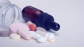 Medicines, supplements and drugs in a bottle.Pharmacy theme, tablets, pills capsule heap mix therapy drugs with medicine