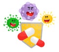 Medicines to protect against viruses, bacteria, germs, fungi, infections. Medical concept. Vector illustration in cartoon flat sty