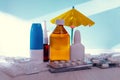 Medicines for travel, sea, health concept for vocations Royalty Free Stock Photo