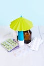 Medicines for travel, sea, health concept for vocations Royalty Free Stock Photo