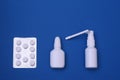 Medicines for the treatment of influenza and the virus. Throat spray, nose spray, pills. mock up