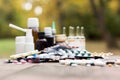 Medicines on wooden table, nature bokeh background Royalty Free Stock Photo