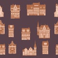 Medieaval Old city seamless pattern, flat style. Autumn landscape city architecture