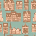 Medieaval Old city seamless pattern, flat style. Autumn landscape city architecture