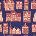 Medieaval Old city seamless pattern, flat style. Autumn landscape city architecture