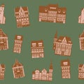 Medieaval Old city seamless pattern, flat style. Autumn landscape city architecture