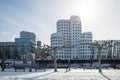 Medienhafen, harbour on Rhein River, and background of extraordinary architectures which designed by Frank Gehry.