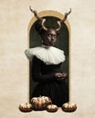 Medieval African young woman in black vintage dress with white collar and animal horns on head. Ghost. Contemporary art