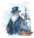 Medieval alchemist prepares a potion. Old man in a blue hat, watercolor illustration. Steampunk hemical flasks art. Created with