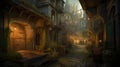 medieval alley, old town in detailed illustration, ai generative