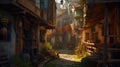 medieval alley, old town in detailed illustration, ai generative