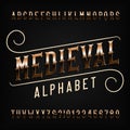 Medieval alphabet font. Golden vintage ornate letters.