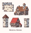 Medieval ancient buildings set of different kinds of traditional houses isolated vector illustration