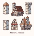 Medieval ancient buildings set of different kinds of traditional houses isolated vector illustration