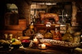 Medieval ancient kitchen tabe with typical food in royal castle Royalty Free Stock Photo