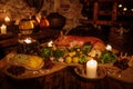 Medieval ancient kitchen table with typical food in royal castle. Royalty Free Stock Photo