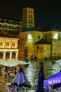 Medieval ancient town at night with heavy rain on the stone pavement, Leon Spain. Royalty Free Stock Photo