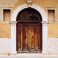 Medieval, ancient or vintage wooden door. Front view, facade