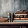 Medieval antique books on a wooden table in a vintage library