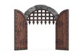 Medieval Arch Stone Blocks Castle Gate with Metal Lattice. 3d Rendering