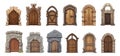 Medieval arch wooden doors in castle. Isolated cartoon ancient door in stones, kingdom gates. Game elements, old