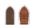 Medieval Arched Doors, Weathered And Imposing, Adorned With Intricate Ironwork And Knobs. Mystical Doorways