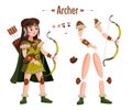 Medieval archer woman in armor, with bow in hand, cloak, attributes. For animation in games, applications. Vector