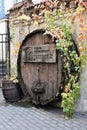 Riga, Latvia, November 2019. An old huge beer barrel as a decoration element of the famous restaurant of medieval cuisine.