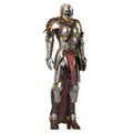 Medieval armor of fantasy full of women with a closed helmet and red cape. isolated white background. 3d illustration