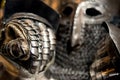 Medieval armor of metal helmet and glove Royalty Free Stock Photo