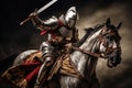 Epic medieval armored knight galloping horse in smoke of dust. Generative AI Royalty Free Stock Photo