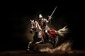 Medieval armored knight galloping horse in smoke of dust. Generative AI