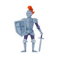 Medieval armored knight holding shield and sword ready to joust, front view vector illustration