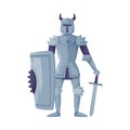 Medieval armored knight in horned helmet. Ancient warrior with shield and sword vector illustration