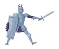 Medieval armored knight in horned helmet fighting with sword and shield vector illustration