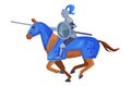 Medieval armored knight on horseback holding sword in his hands preparing to strike in joust vector illustration