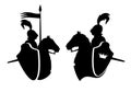 Horseback knight with royal shield and banner black vector silhouette