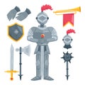 Medieval armored knight with sword. Middle ages knight weapon set. Royalty Free Stock Photo