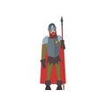 Medieval Armored Knight Warrior Character in Red Cape with Spear Vector Illustration