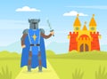 Medieval Armored Knight Warrior Standing on Nature Landscape with Castle Cartoon Vector Illustration Royalty Free Stock Photo