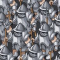 Medieval armored knights formation hand drawn seamless pattern, warriors weapons