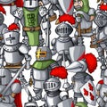 Medieval armored knights formation hand drawn seamless pattern, warriors weapons