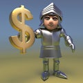 Medieval armoured knight holding a US dollar currency symbol, 3d illustration