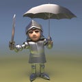 Medieval armoured knight stops his armour rusting with an umbrella, 3d illustration