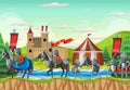 Medieval army camp scene with knights in cartoon style