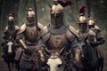 medieval army consisting of armor-clad walking knights and animals